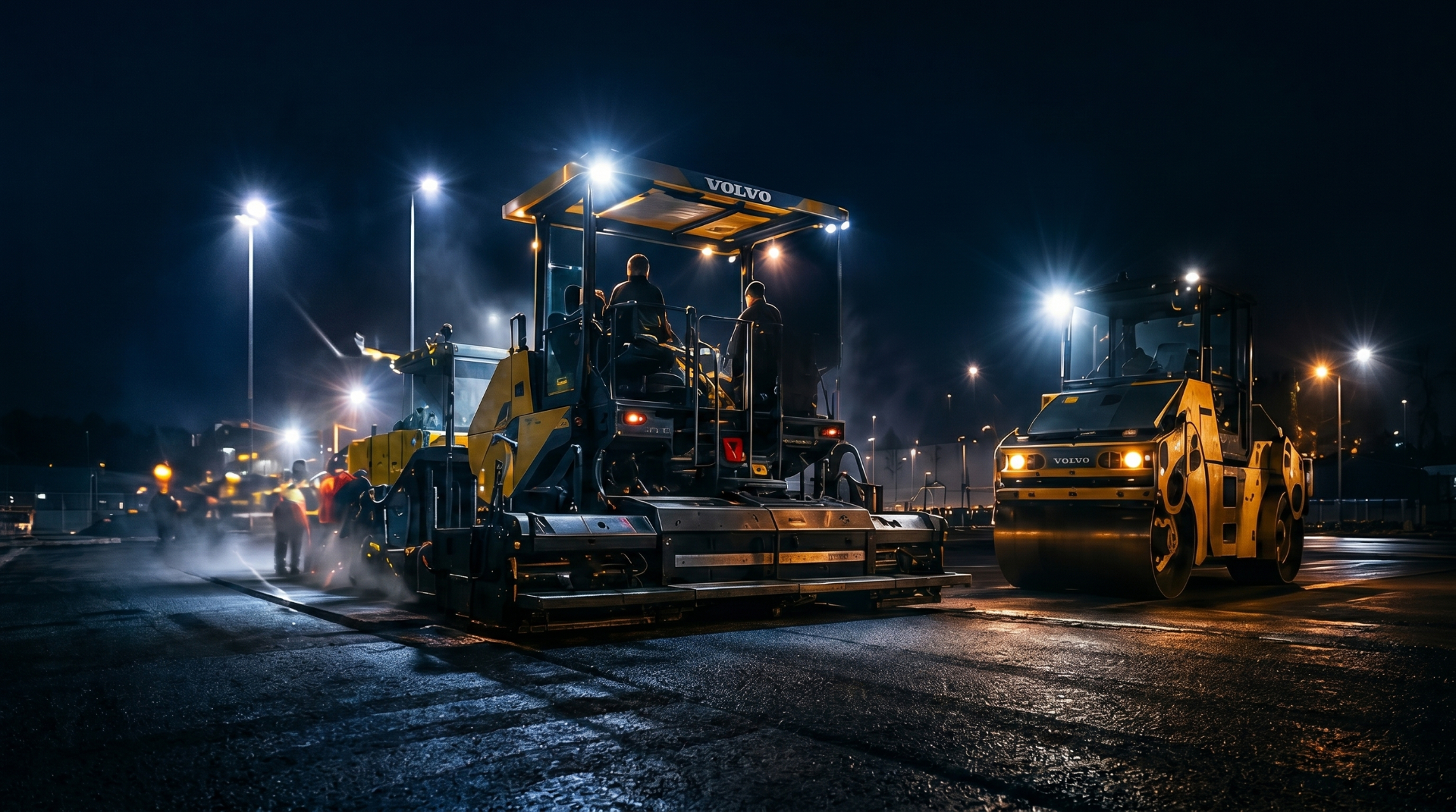 Nächtlicher Einsatz moderner Straßenbaumaschinen mit Beleuchtung
