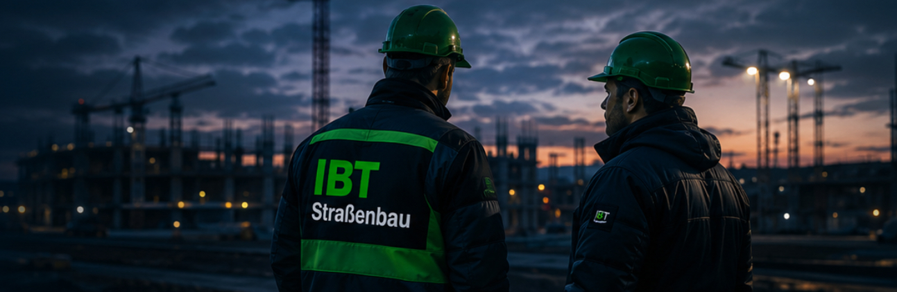 IBT Mitarbeiter mit Helmen auf einer Baustelle in der Abenddämmerung